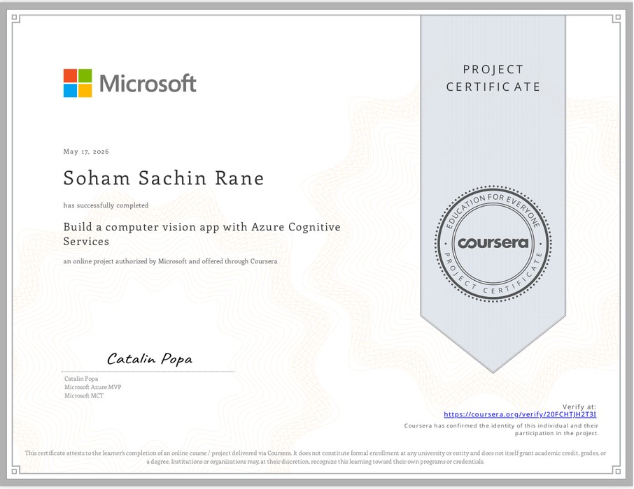 Azure Computer Vision project certificate