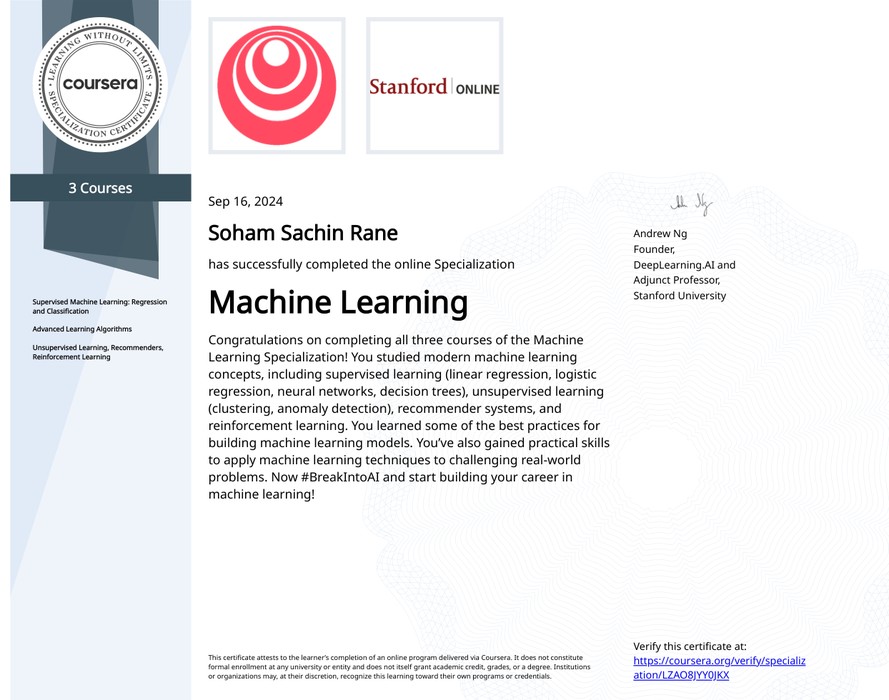 Machine Learning Specialization certificate