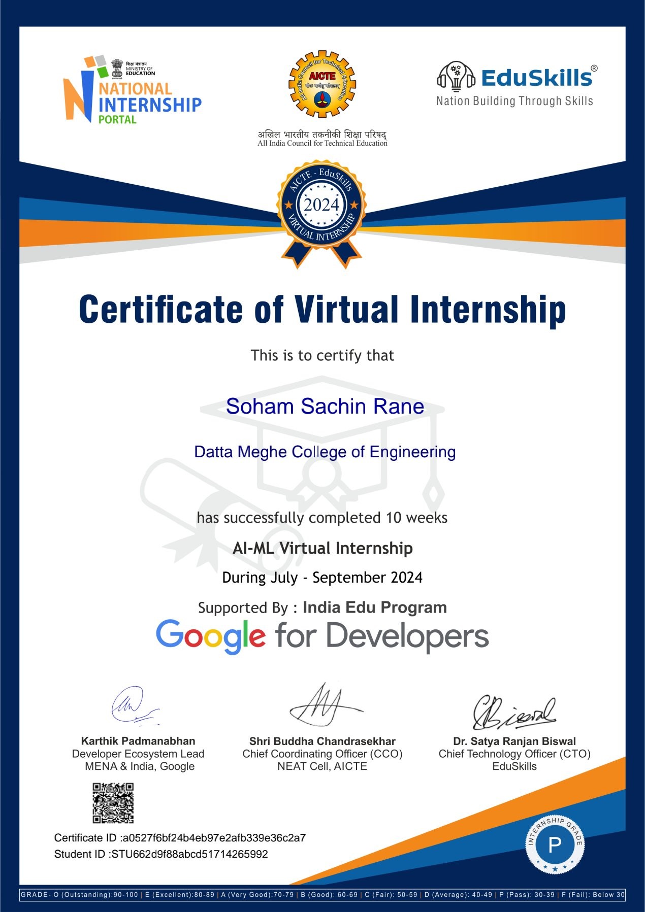 AICTE and EduSkills AI-ML virtual internship certificate