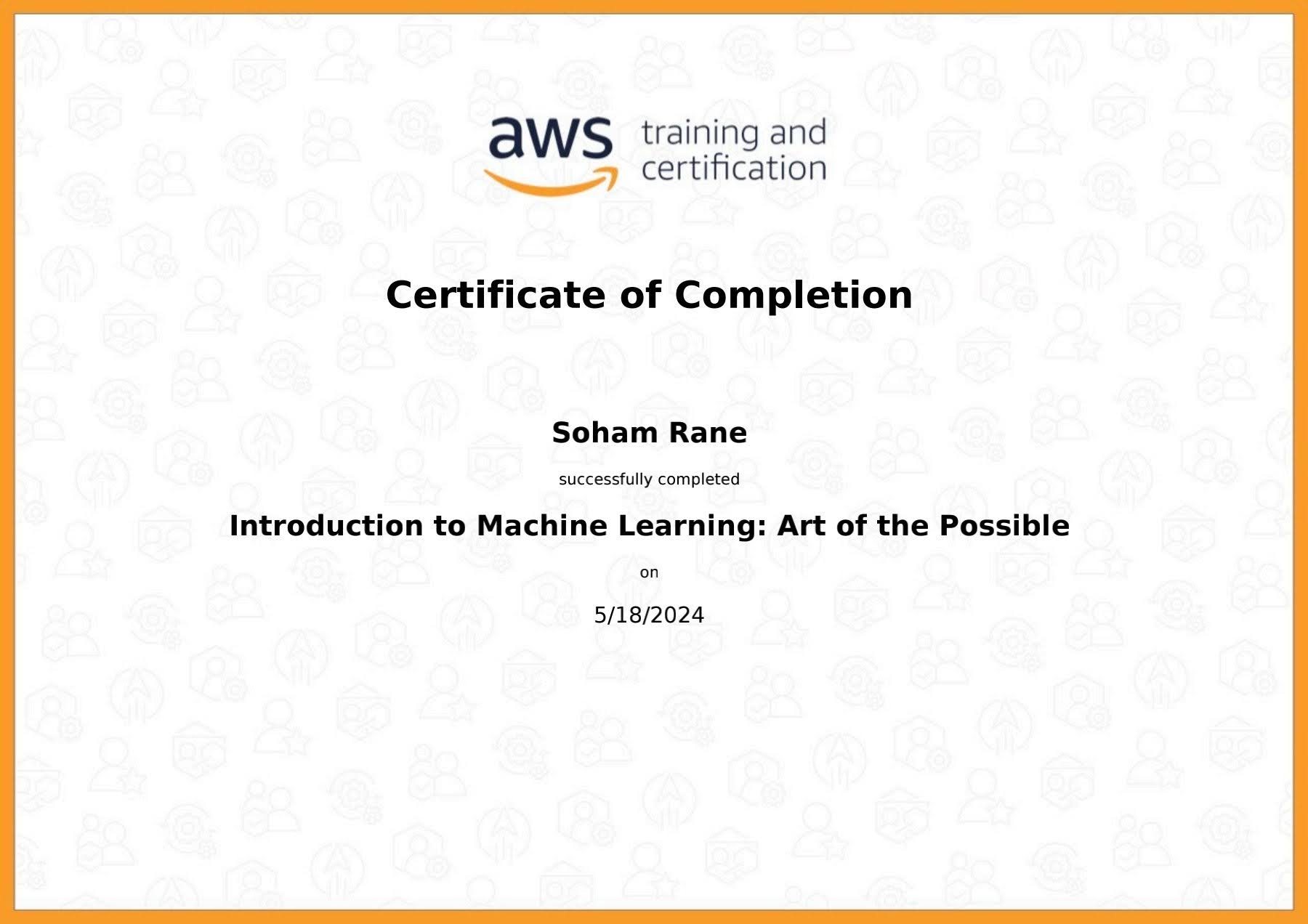 Introduction to machine learning: Art of the Possible certificate