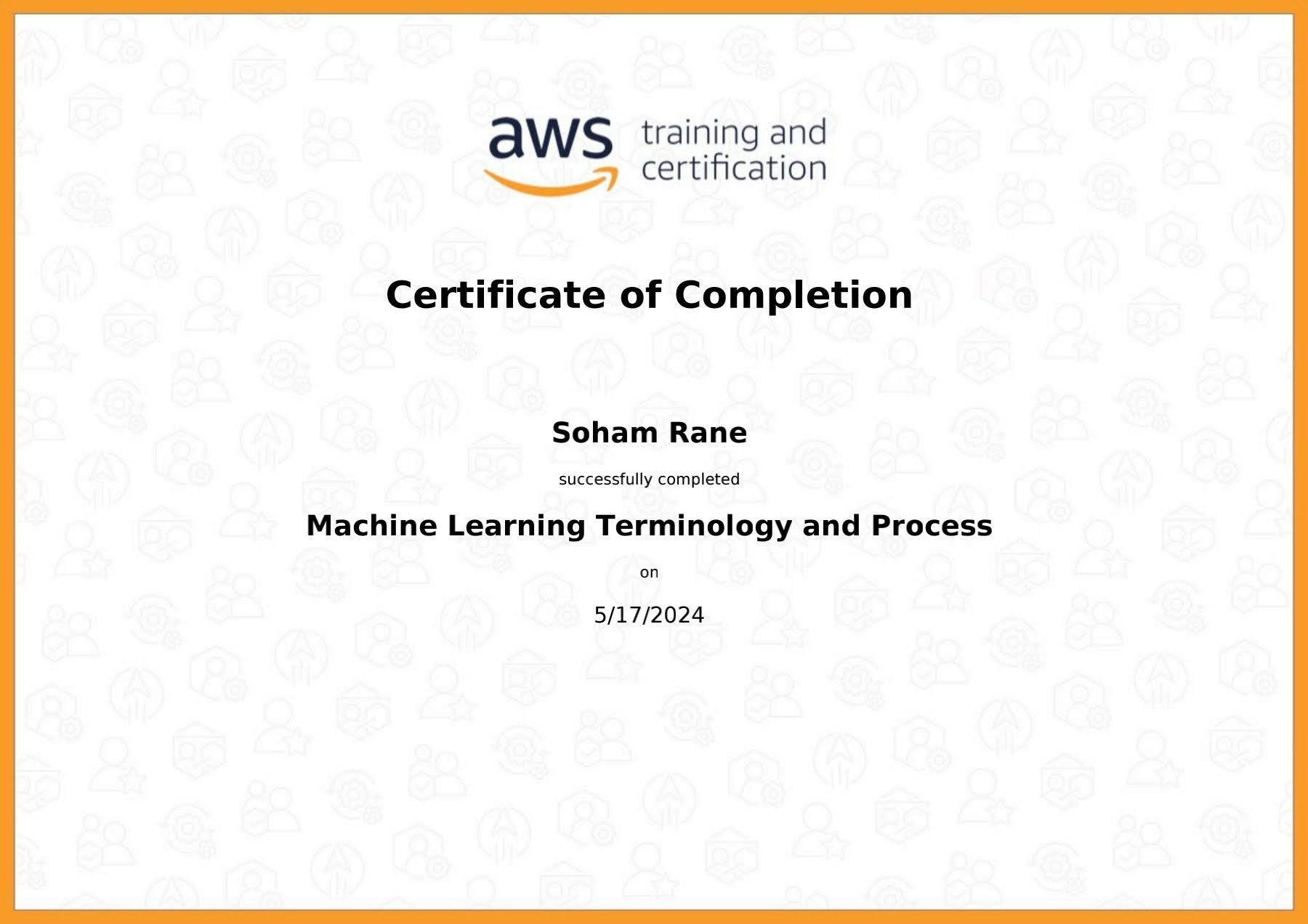 Machine learning terminology and process certificate