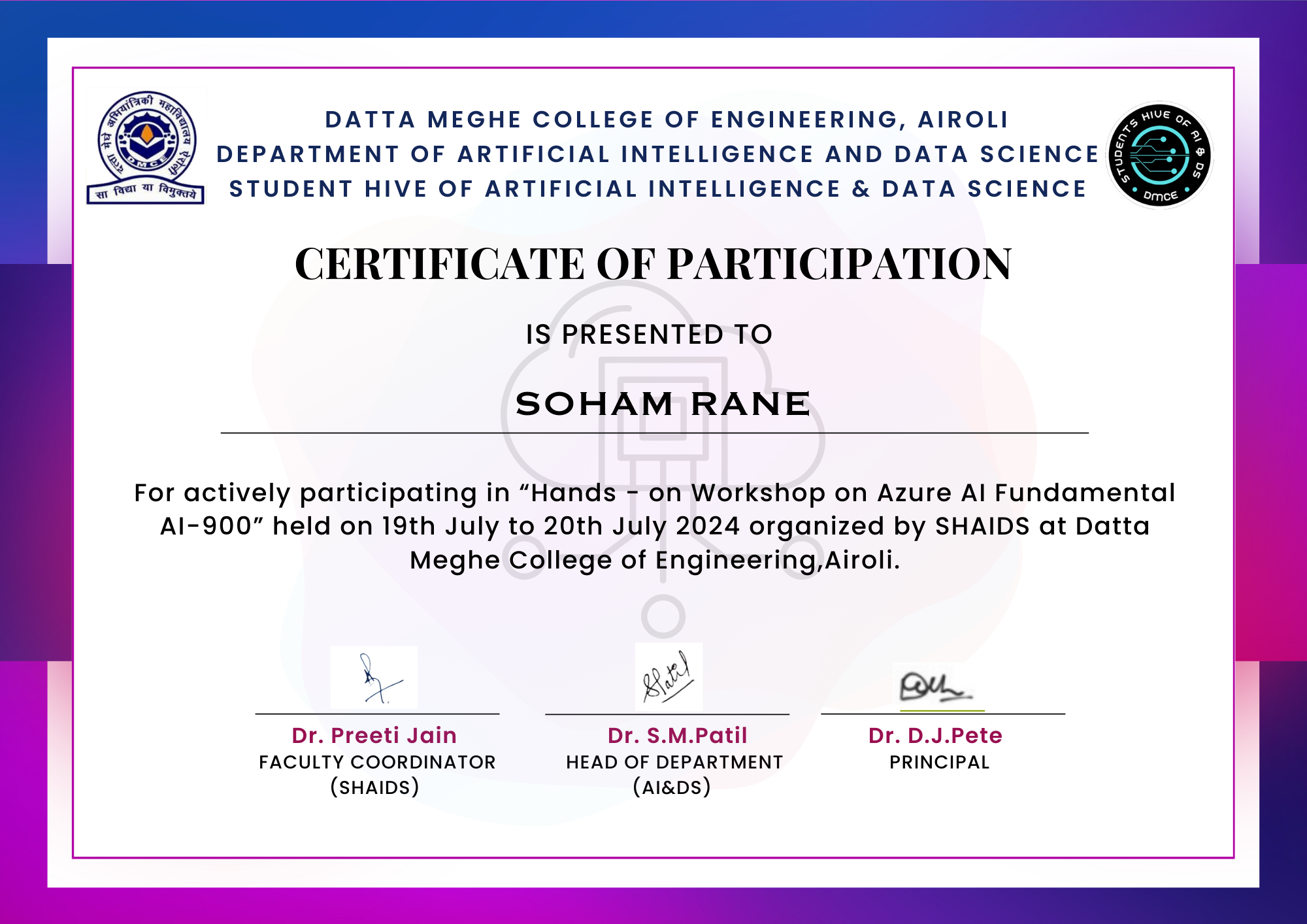 Azure AI Fundamentals workshop participation certificate