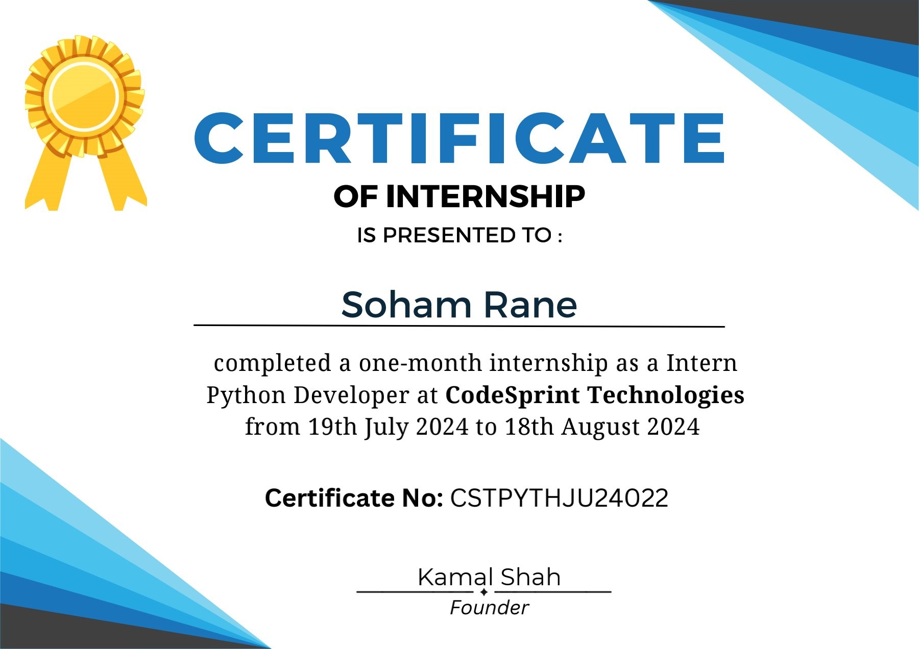 CodeSprint Technologies Python Developer internship certificate