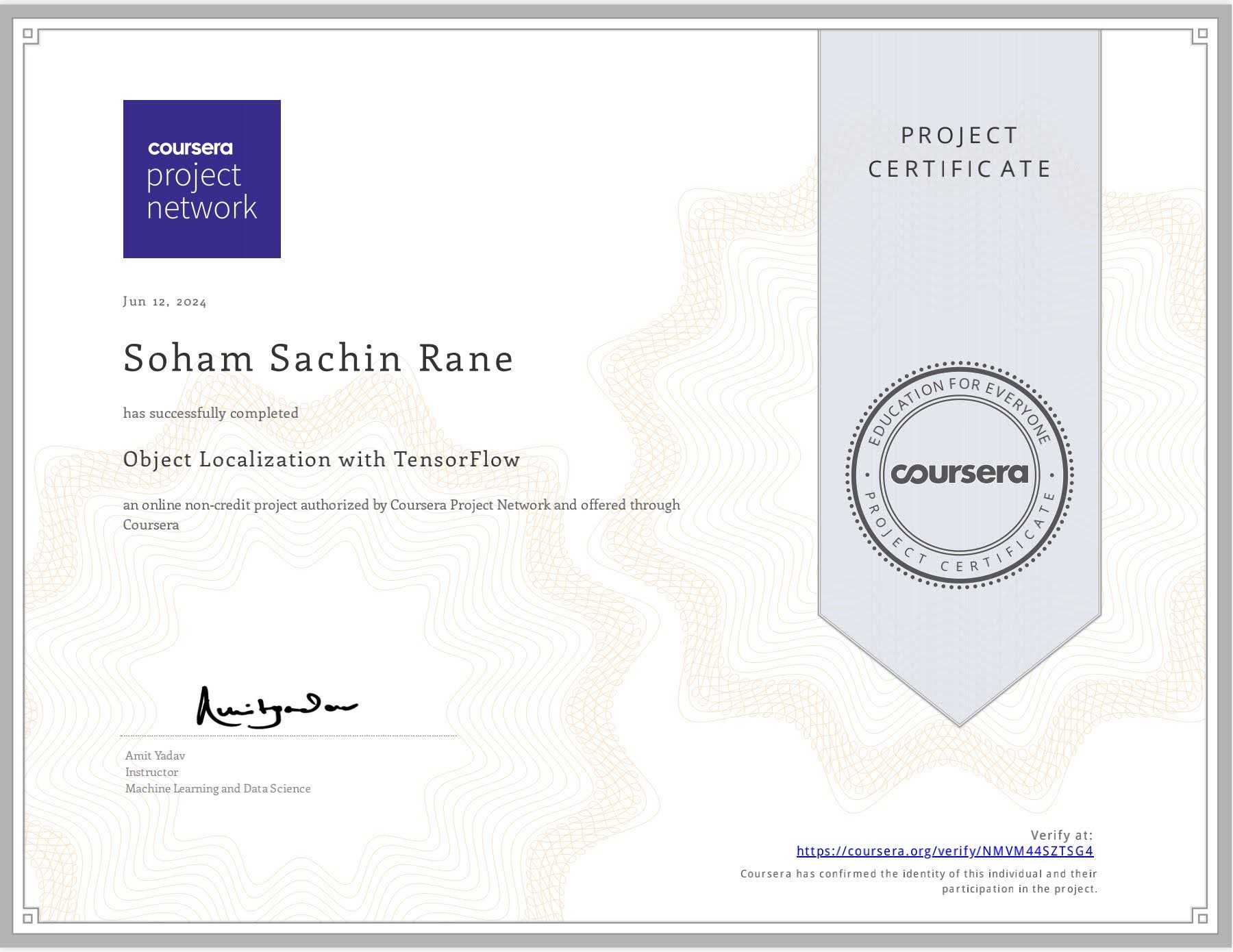 Coursera Object Localization with TensorFlow project certificate