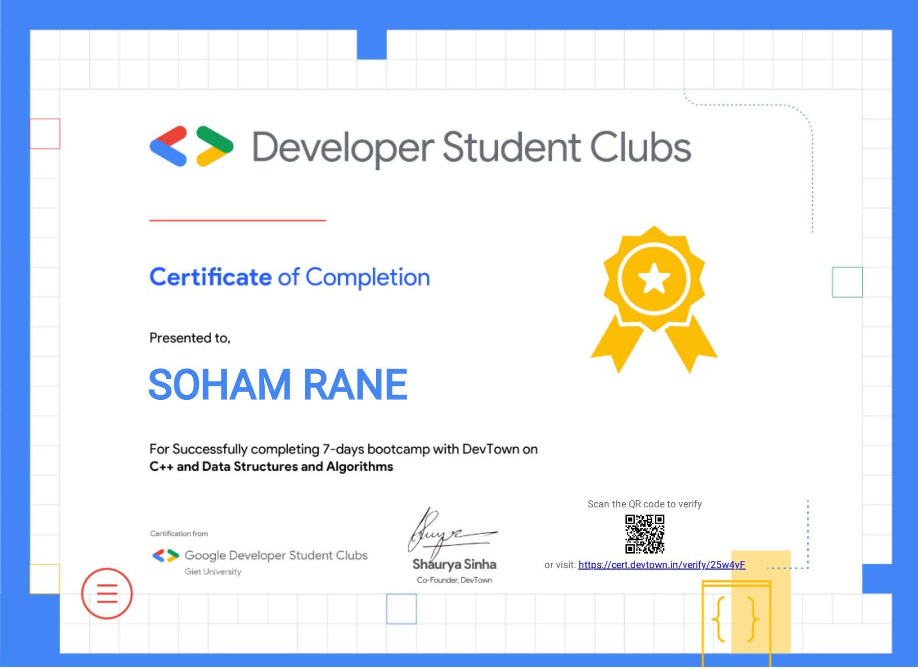DevTown C++ and data structures bootcamp certificate