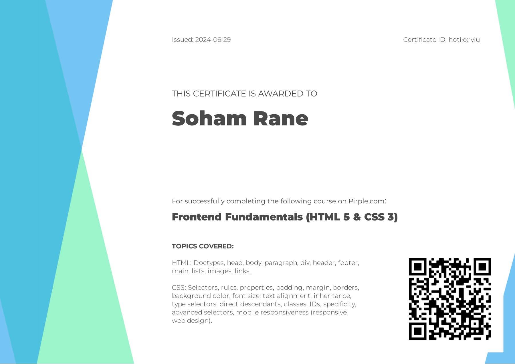 Frontend Fundamentals HTML and CSS course certificate