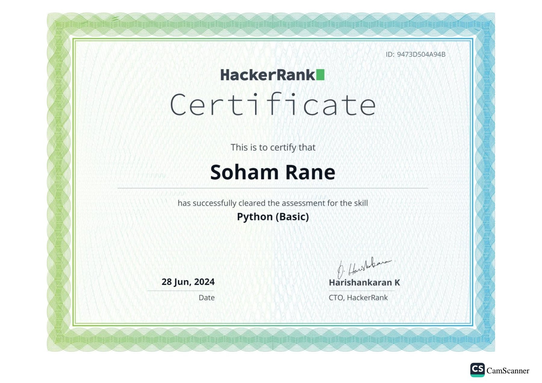 HackerRank Python Basic exam certificate