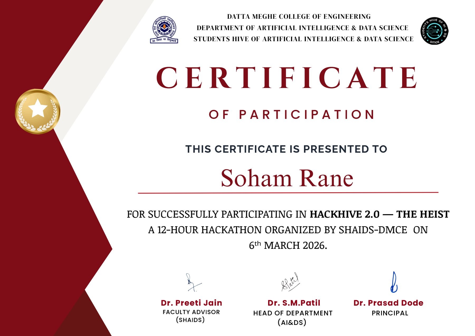 HackHive 2.0 participation certificate