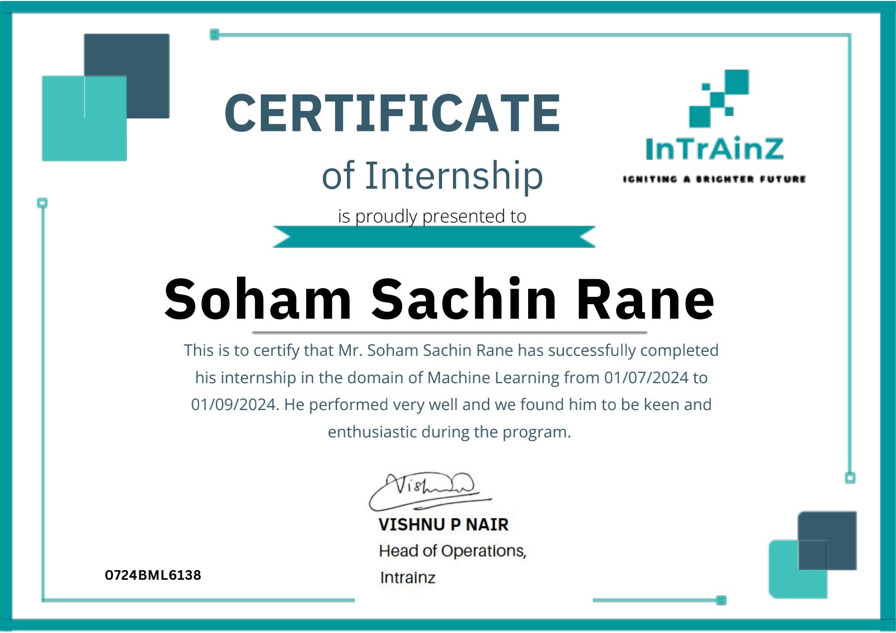 InTrainz Machine Learning internship certificate