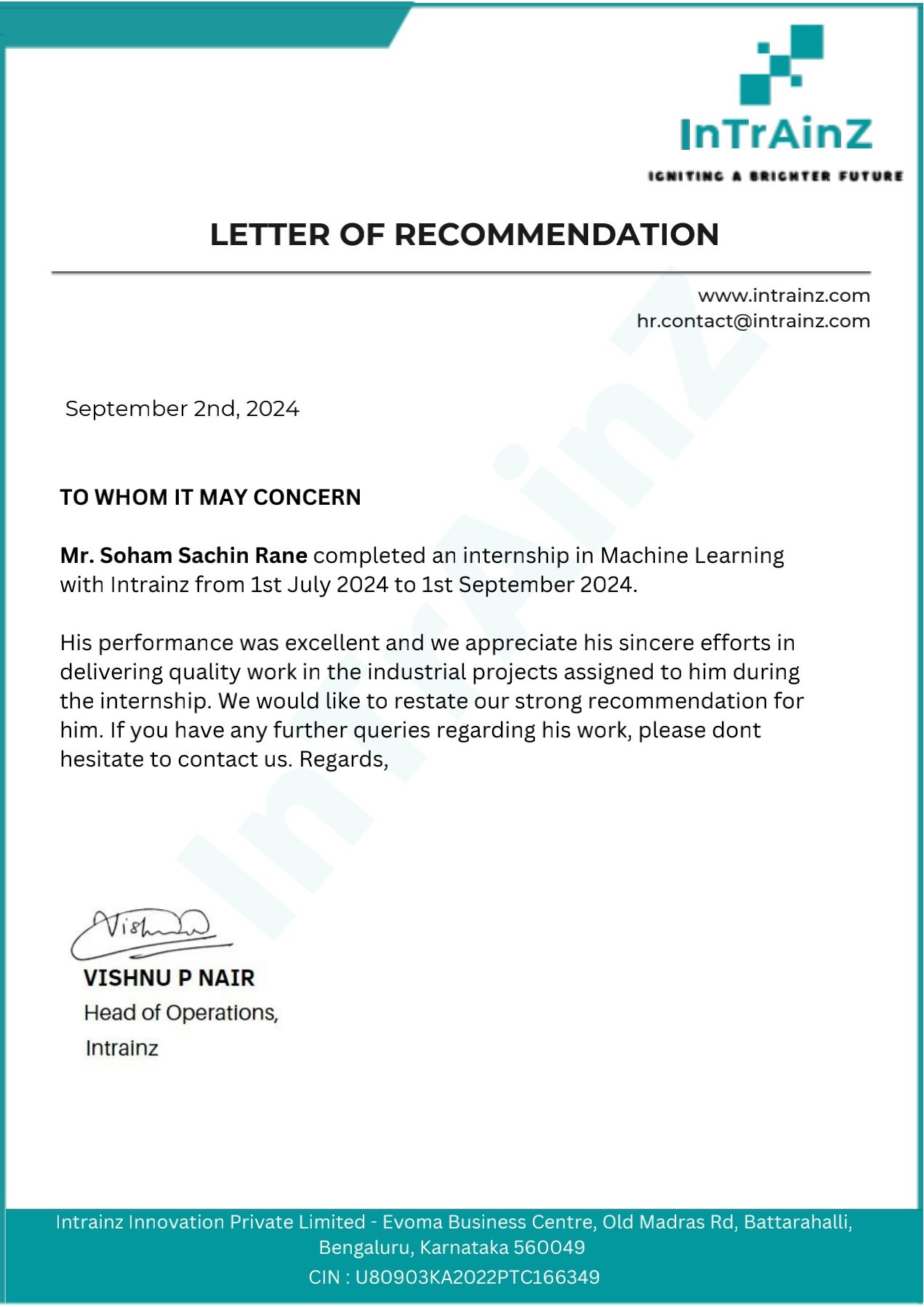 InTrainz letter of recommendation