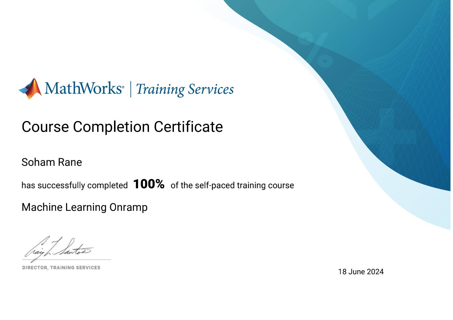 MathWorks Machine Learning Onramp course certificate