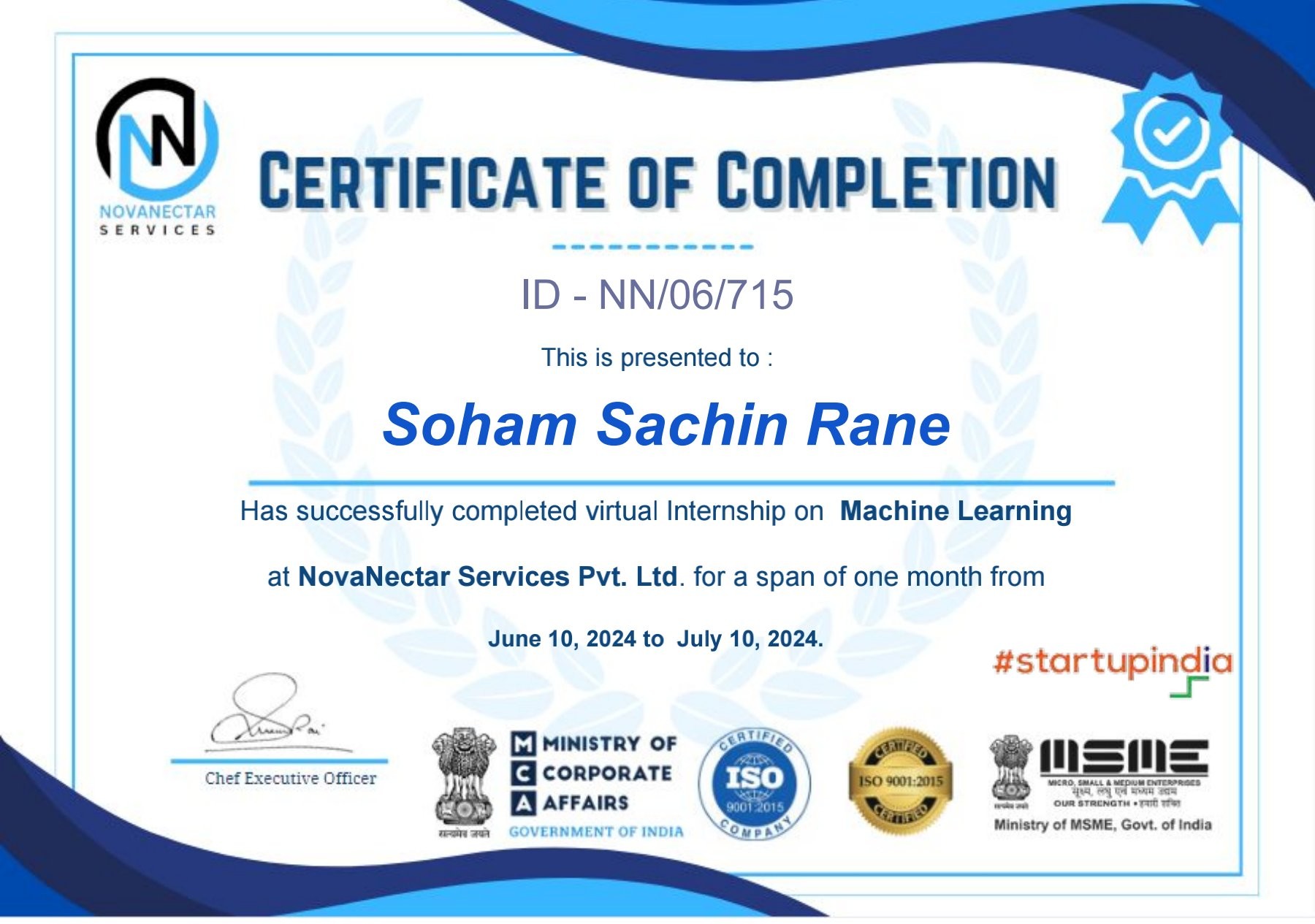 NovaNectar Services Machine Learning internship certificate