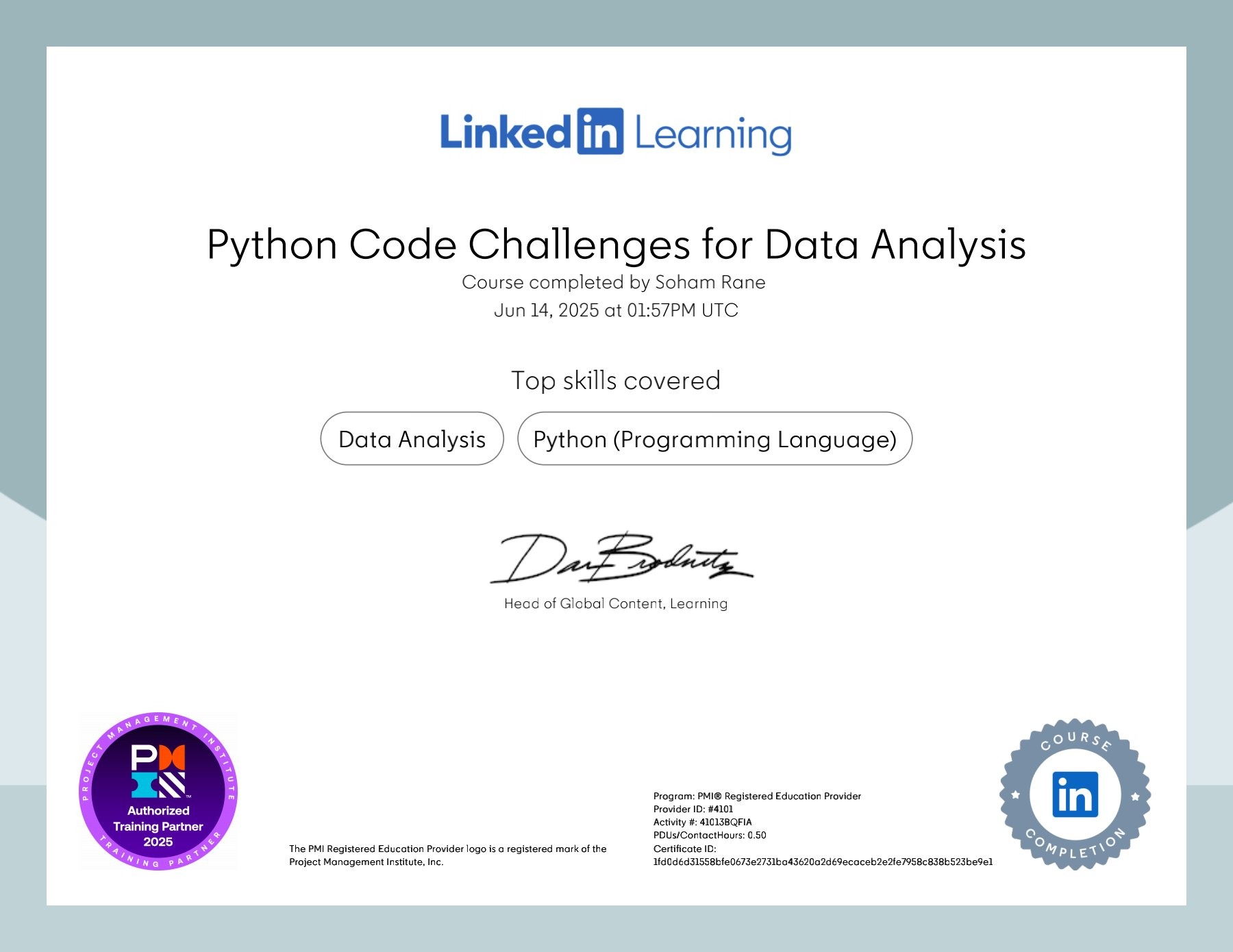 LinkedIn Learning Python Code Challenges for Data Analysis certificate