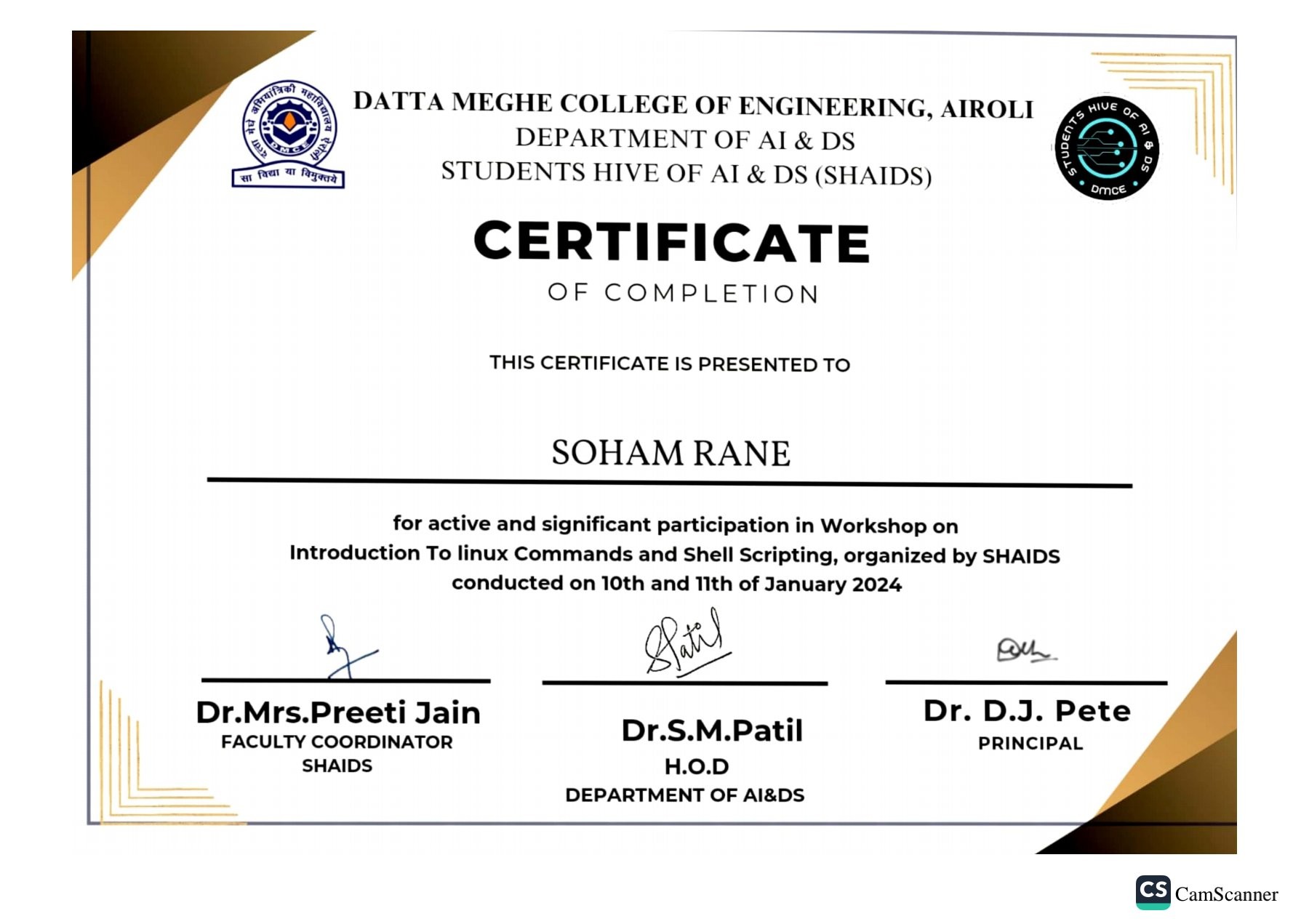 Linux commands and shell scripting workshop certificate