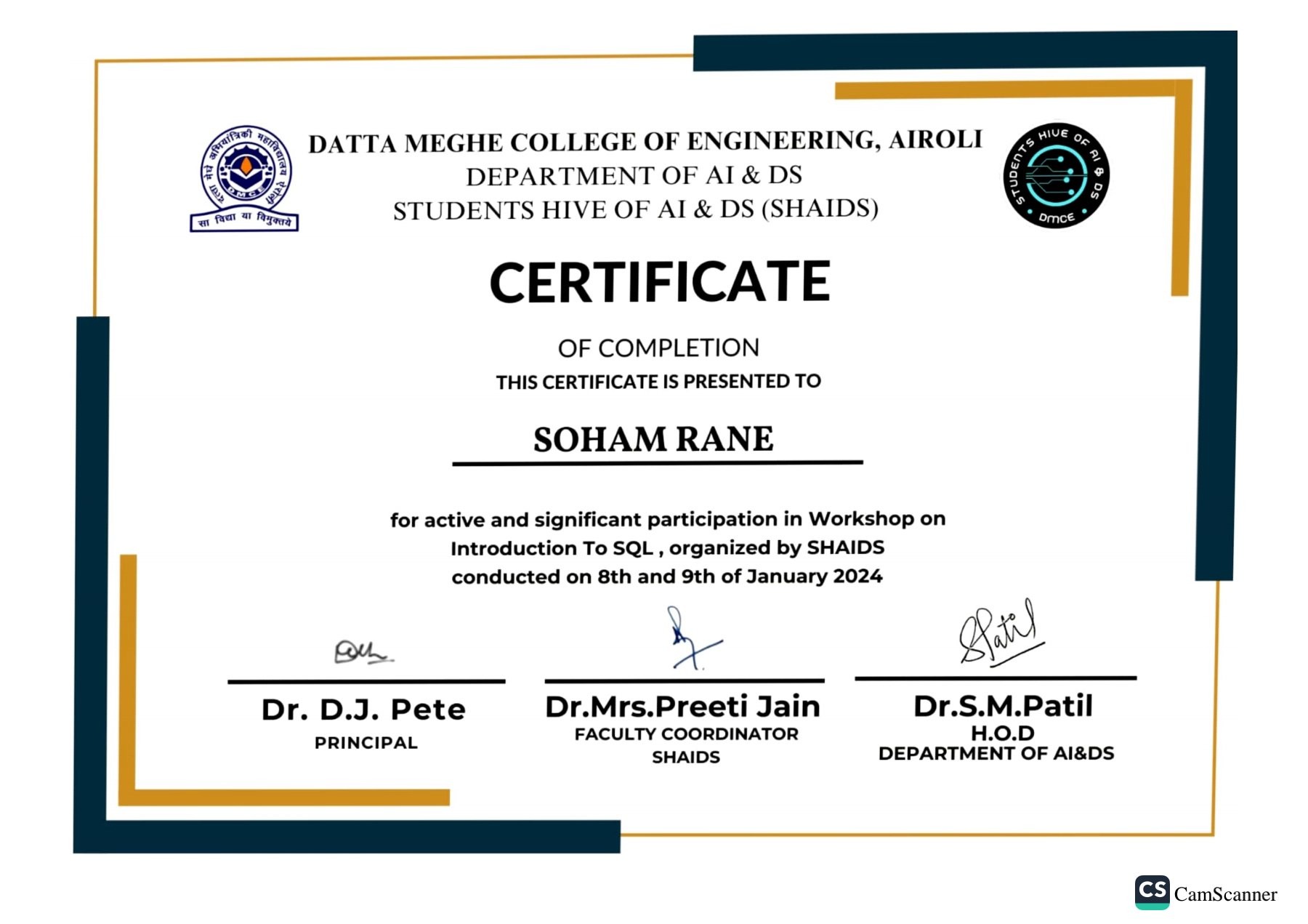 SQL workshop certificate