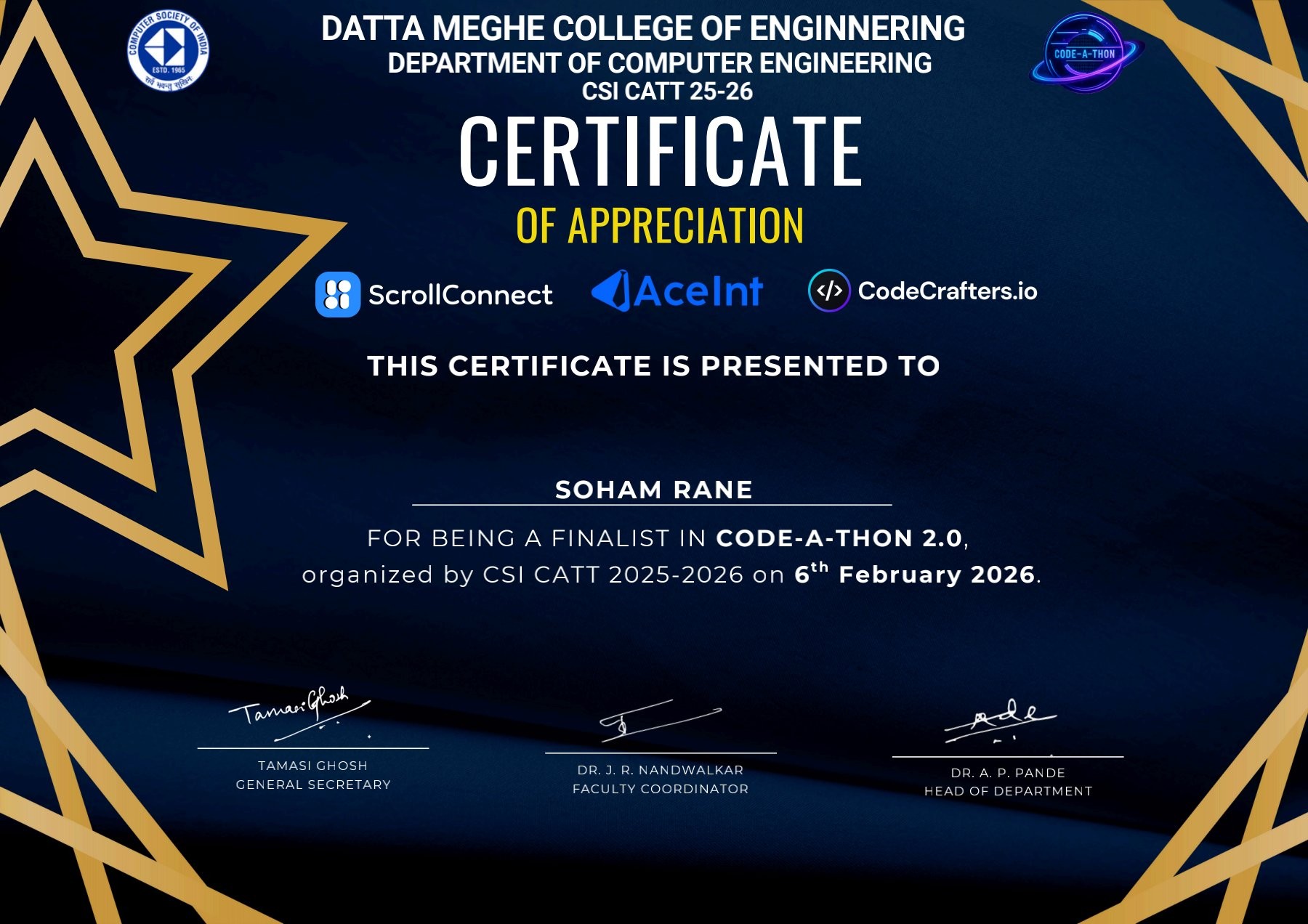 Beyond Horizon certificate of appreciation from Code-a-thon 2.0
