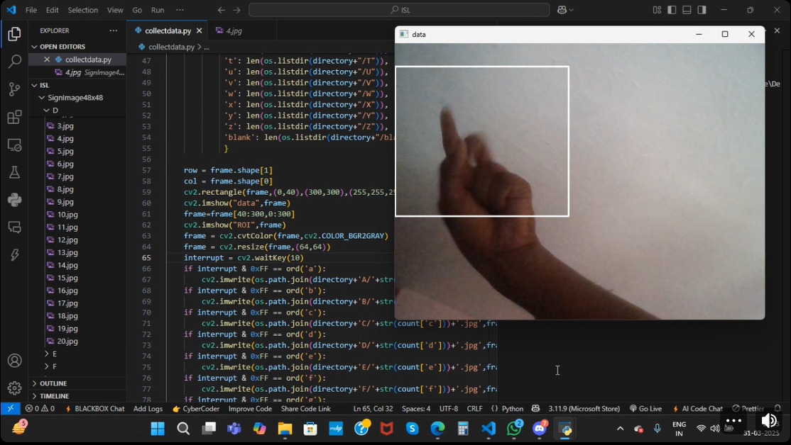 Python data collection script and webcam region used to gather gesture samples