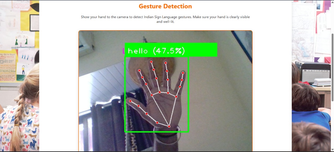 Detected hand gesture with landmark points, bounding box, and predicted text