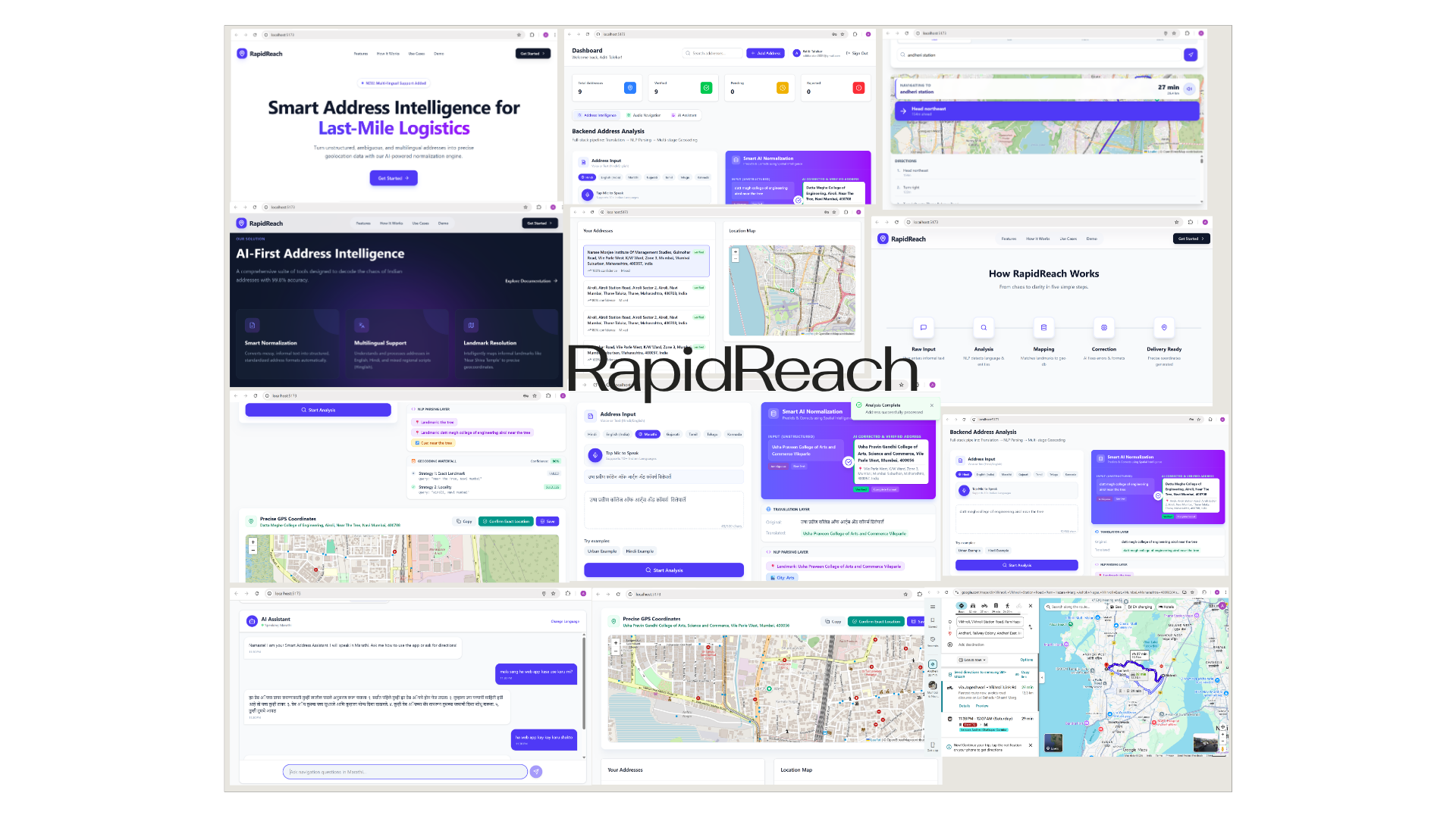 RapidReach screens showing address normalization, multilingual voice input, location maps, and navigation